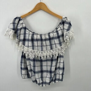 Artisan Ny White and Blue Plaid Off The Shouler Linen Blend Crop Top‎ Size Large